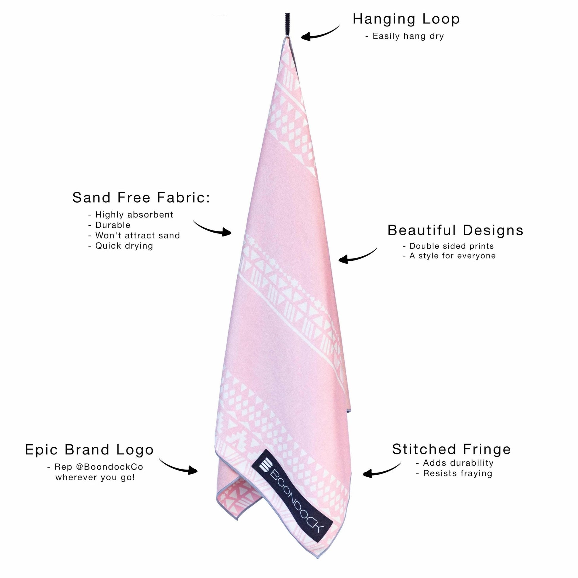 boondock sand free quick dry beach towel features list blush pink