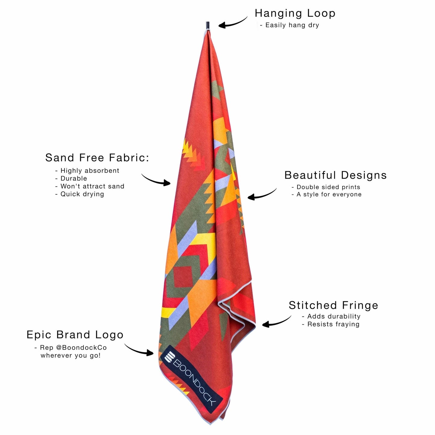 boondock sand free quick dry beach towel features list ember red aztec